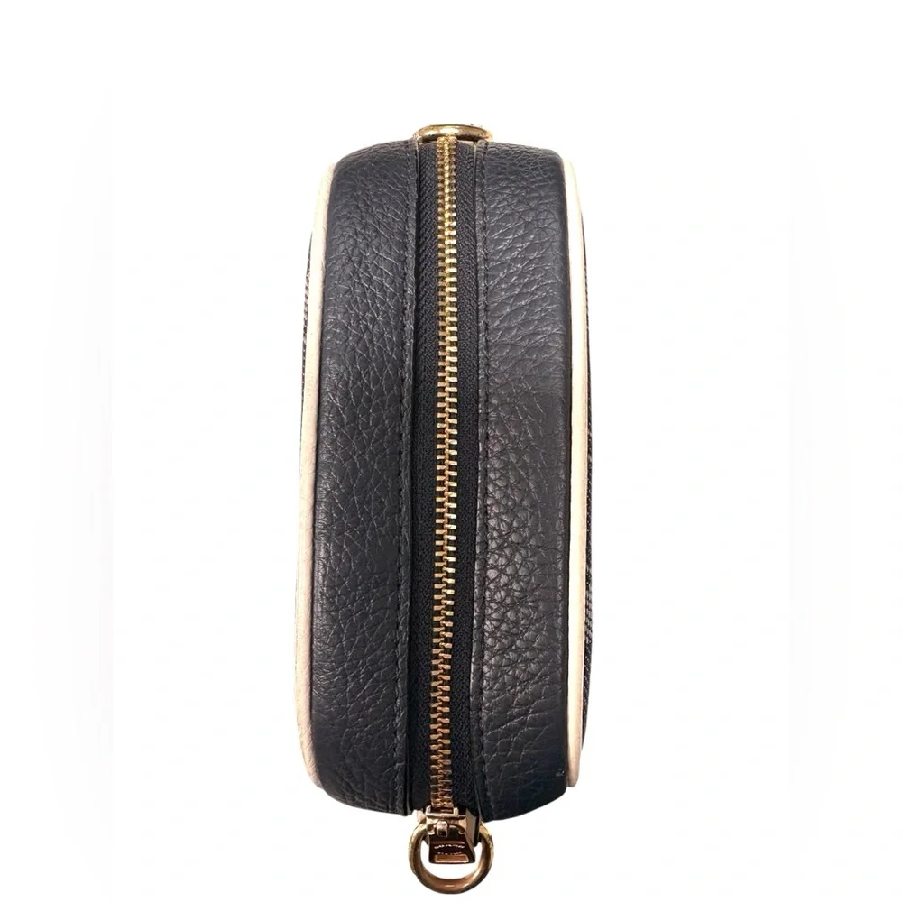 Coach Mini Dempsey Camera Bag in Signature Denim with Rainbow Web Strap